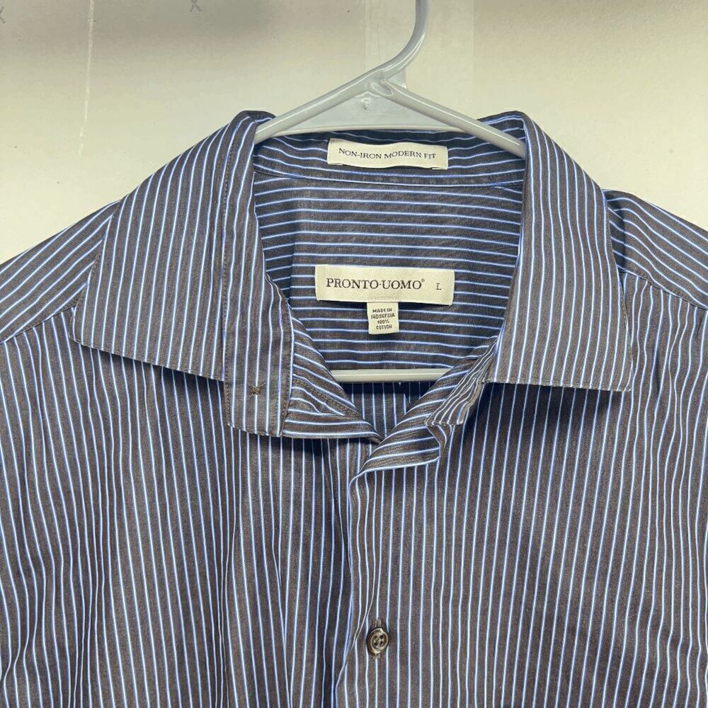 Pronto Uomo Shirt Mens Size Large Black w/Blue Stripes Velvet Button Up Collared - Picture 2 of 4
